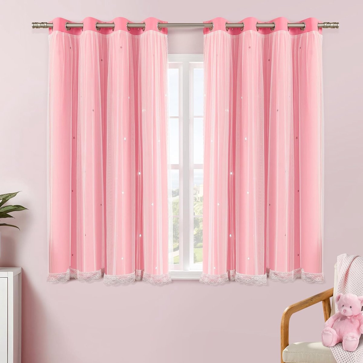 Verduisteringsgordijn voor slaapkamer dubbellaags 132 x 137 cm van polyester met voile sterrendesign schuifdeur meerkleurig roze 132/137