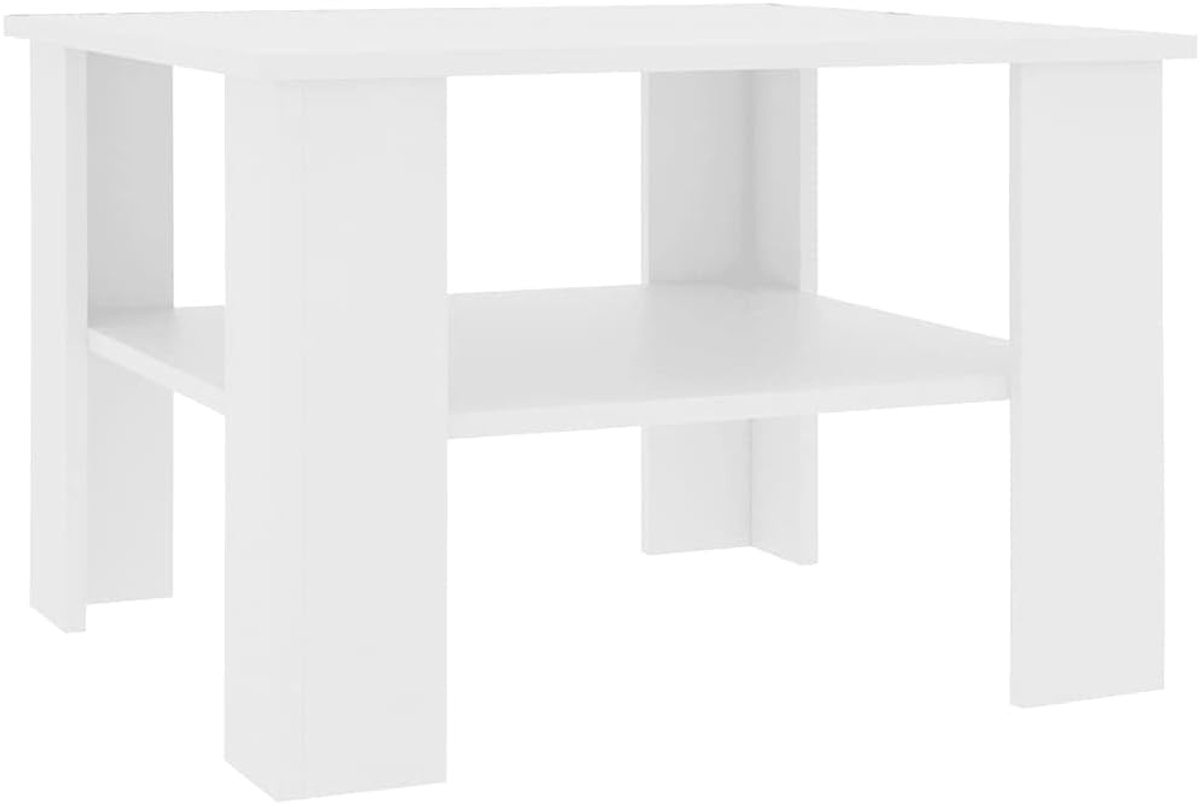 Salontafel, voor woonkamer, koffietafel, vierkant, modern, met planken, van multiplex, wit, 60 x 60 x 40 cm, moderne salontafel voor bank, moderne salontafel