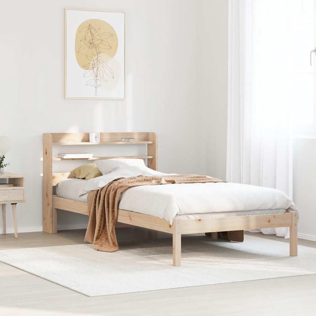 Grenenhouten bedframe met opbergschappen 90x200 cm naturel