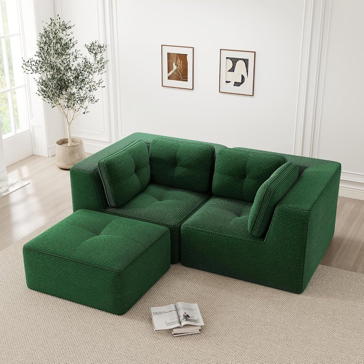 Hoekbank met hoge rugleuning, modulaire combineerbare corduroy bank voor woonkamer en kantoor, wolkenzachte lage bank zonder opbouw, groen, 2-zits + 1 (groen, E-2S+1)