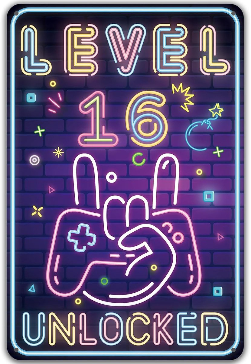 bord voor de 16e verjaardag van jongens, niveau 16, UNLOCKED, 16 jaar verjaardagsdecoratie, grappig verjaardagsbord 16, gamer-verjaardagskaart 16, metalen bord, cadeau