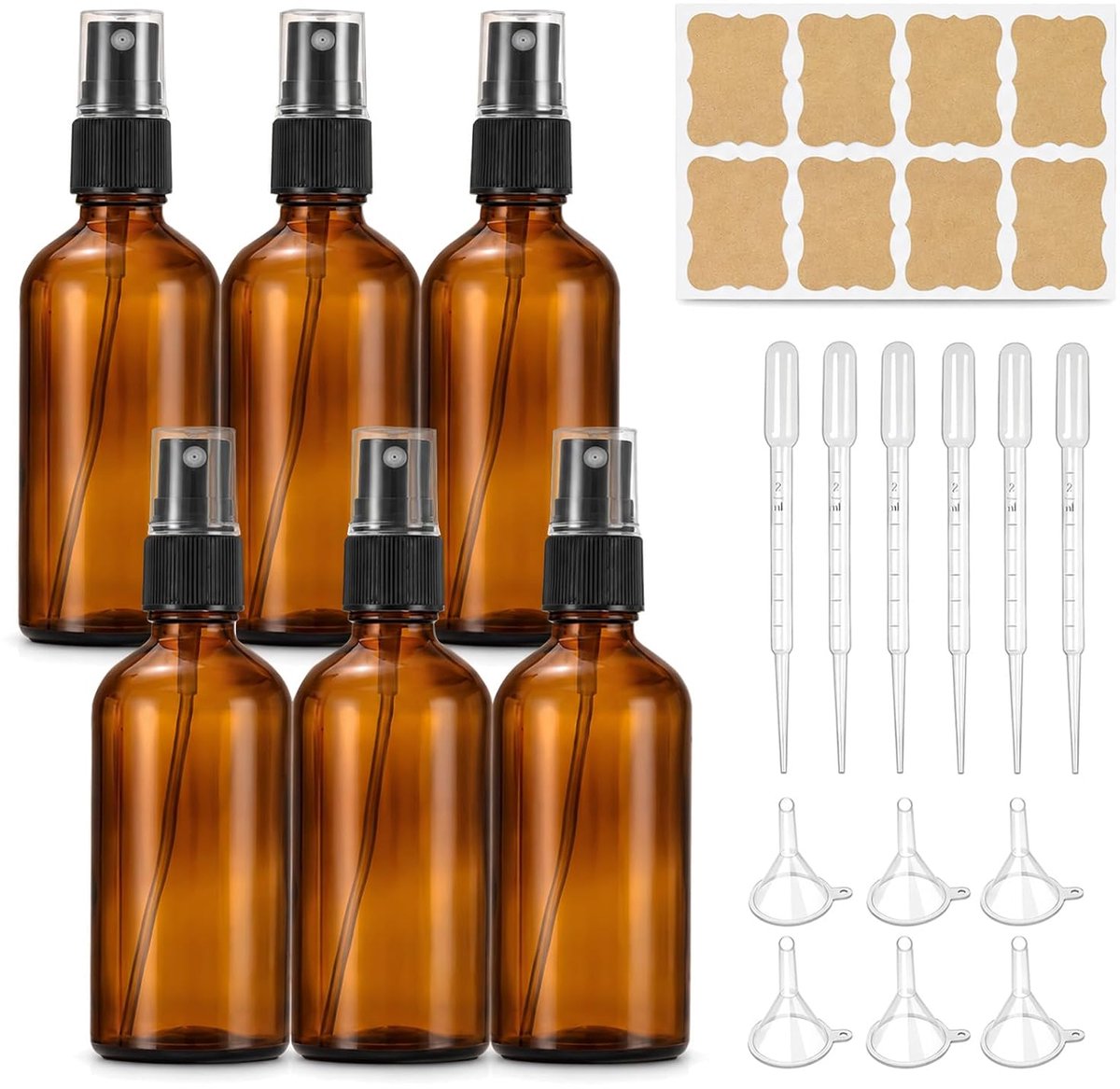 Set van 6 amberkleurige glazen flessen, 30 ml, klein, herbruikbaar, met pipet en mini-trechter, voor etherische oliën, parfum, reizen