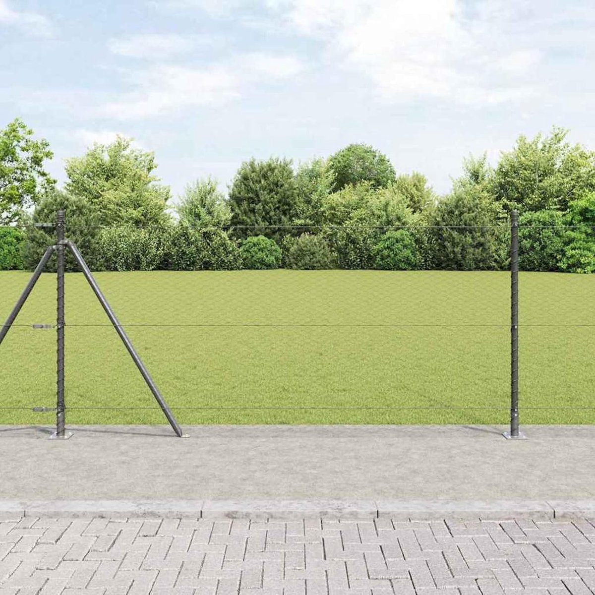 Zeshoekige omheining, grijs, 0,8 x 100 m, staal, hekpalen met voetplaten, 13 stuks, Ø 32 mm, 90 cm, verzinkt staal, tuinhek, draadomheining voor hekken, groentebedden, kippenren, weideperceel