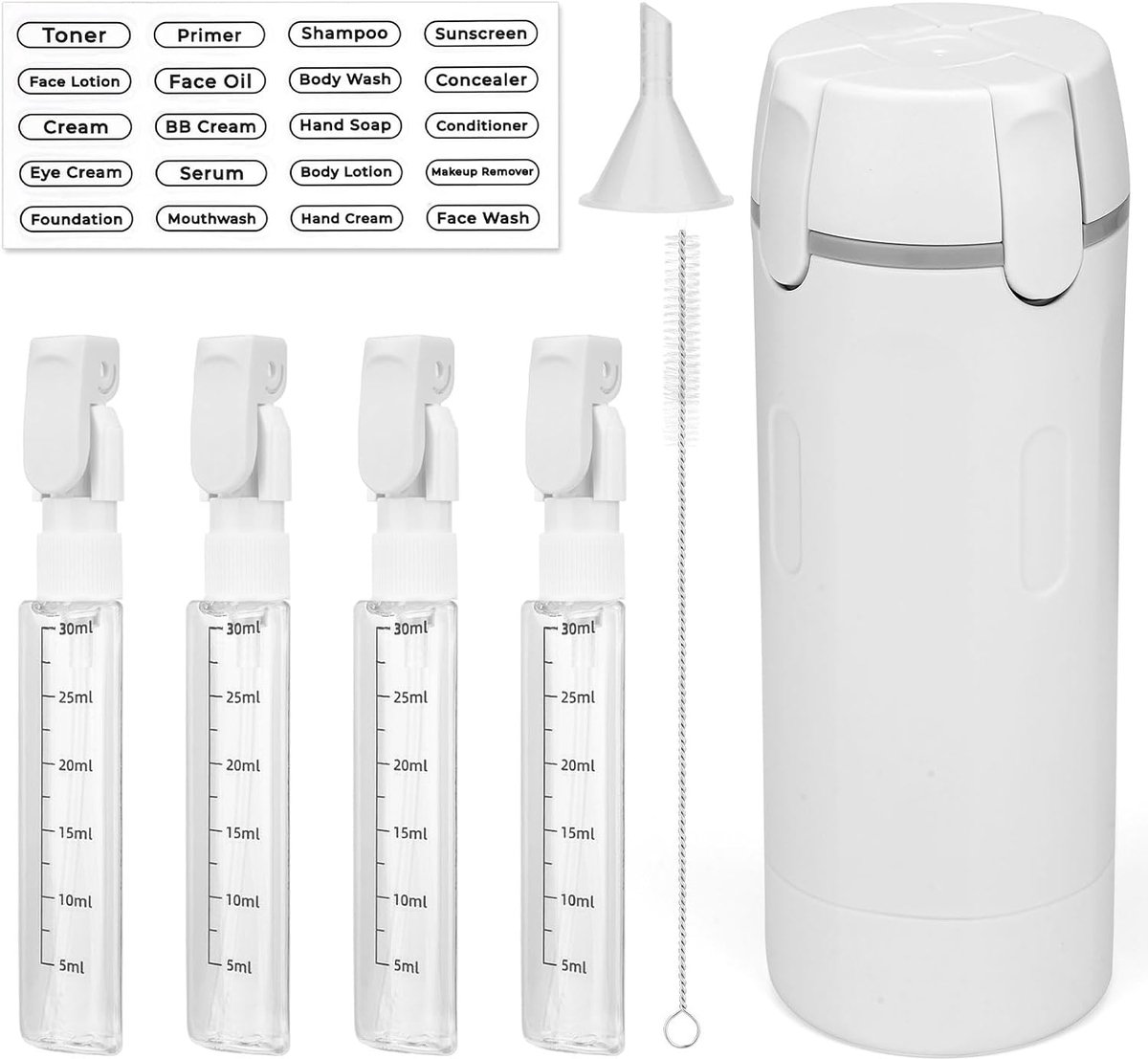 4 in 1 Reis Dispenserflessen voor Toiletartikelen, Navulbare Lekvrije Reis Pompflessen Ruimtebesparend Compact voor Cosmetica Shampoo & Lotion Zakenreis Vakantie (Wit)