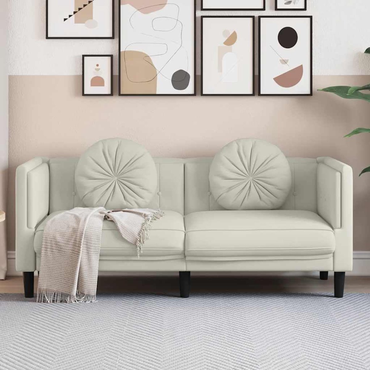 2-zitsbank met kussens in crème fluweel, zacht velours bank voor de woonkamer, met steunpoten en comfortabele bekleding