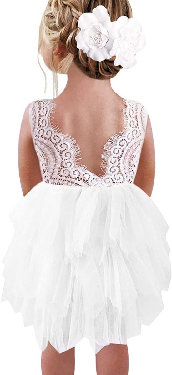 Feestjurk voor meisjes, kant, V-hals, rug, mouwloos, wollig, tule, prinsessenjurk, feestjurk, bloemenmeisjesjurk