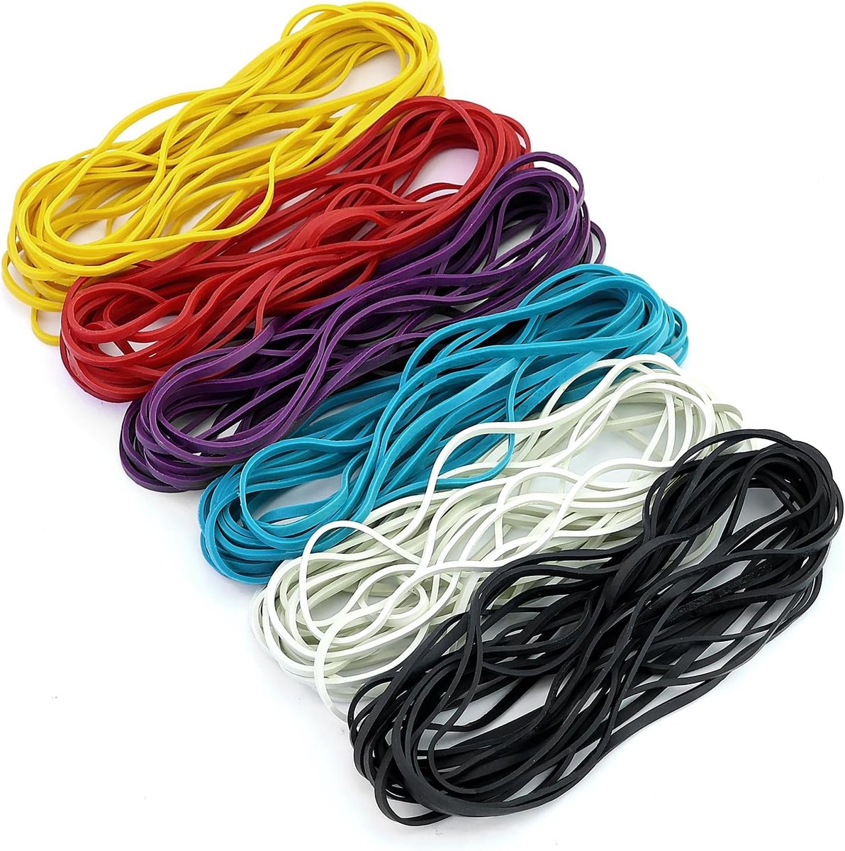 90 stuks kleurrijke elastiekjes, 6 gekleurde herbruikbare grote elastieken, veelkleurige lange elastische band, voor pennen, kranten, documenten, handwerk, kantoor, school, studio