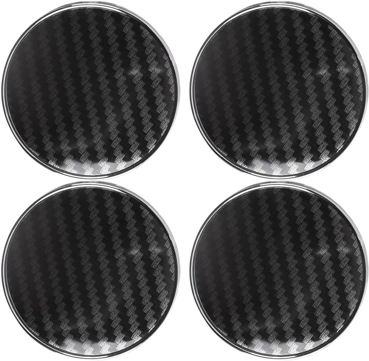 60 mm buitendiameter naafdop 58 mm bevestigingsvoetjes 56 mm binnendiameter gestreept zwart koolstofvezelpatroon zilveren afwerking
