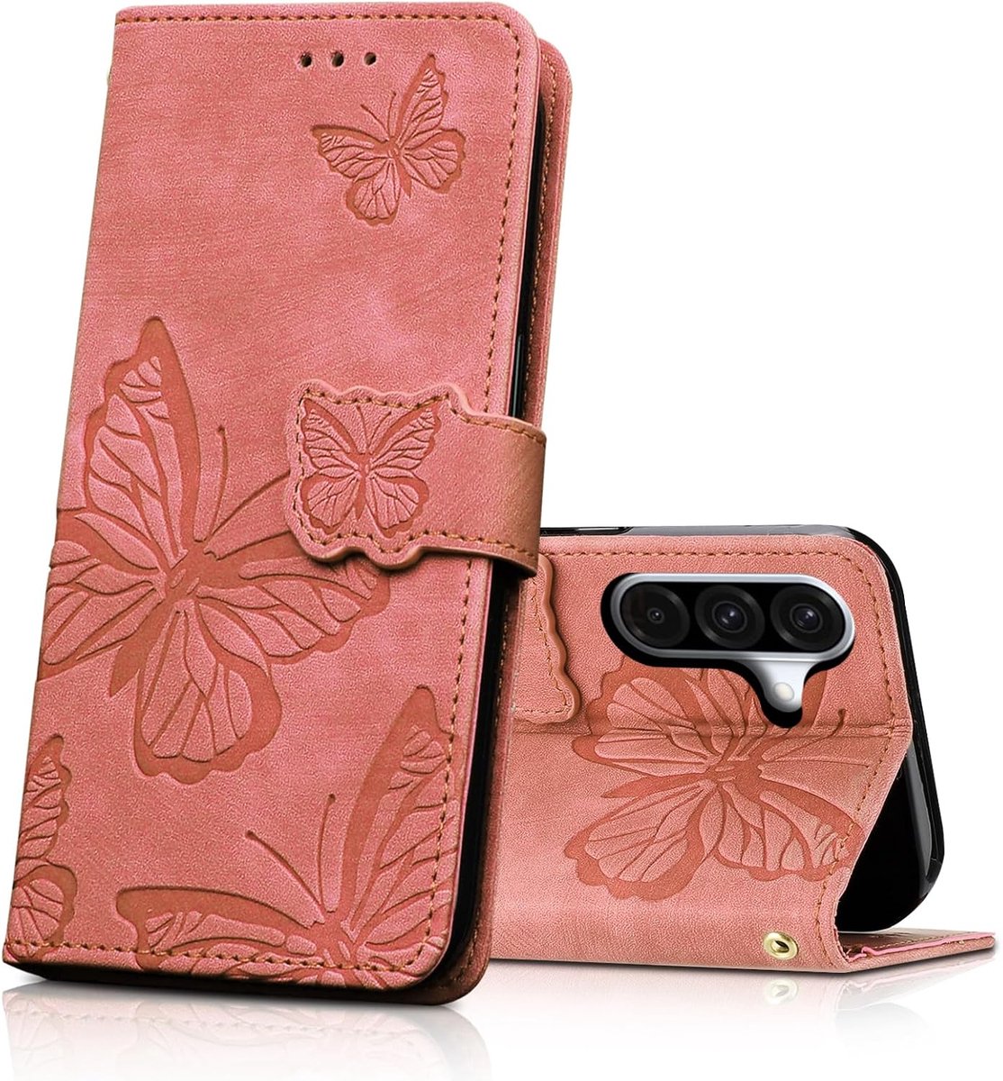 Telefoonhoesje voor Samsung Galaxy A17, PU-leren klaphoes met kaartsleuven en kickstand, flip case, beschermhoes, roze