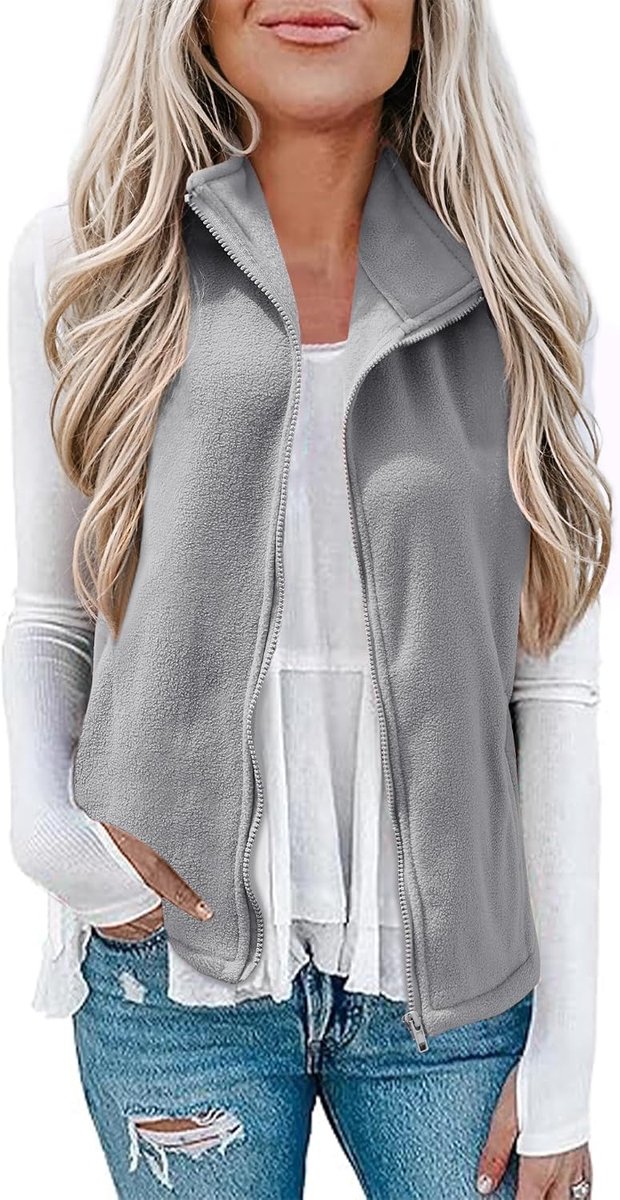 Fleece gilet voor dames, zachte mouwloze jas, bovenkleding, vest, gilet met ritszakken voor lente en herfst