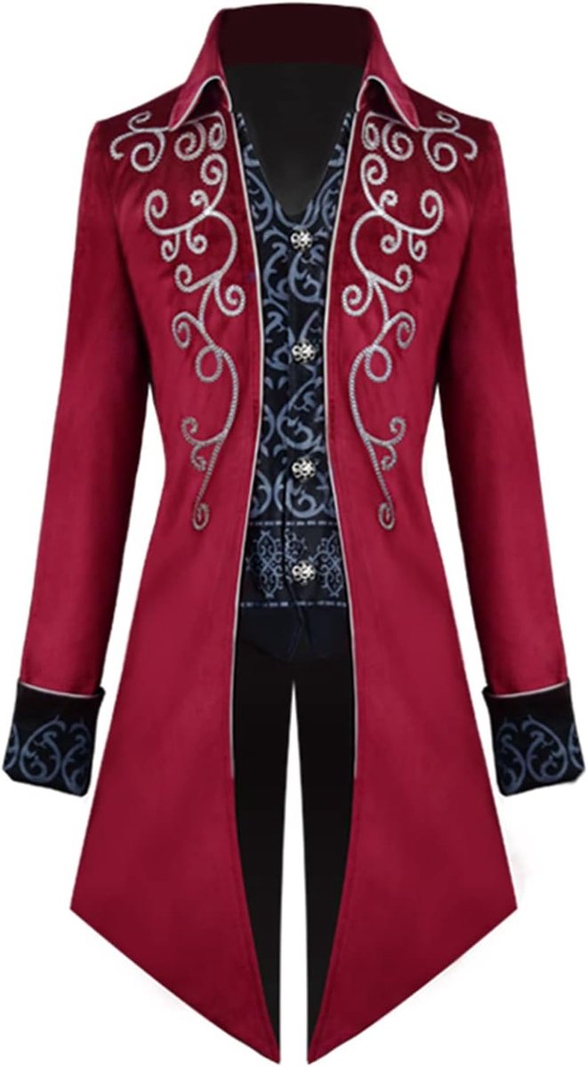 Vintage jas voor heren middeleeuwse gotische victoriaanse jurk uniform Halloween kostuum (rood, XL)