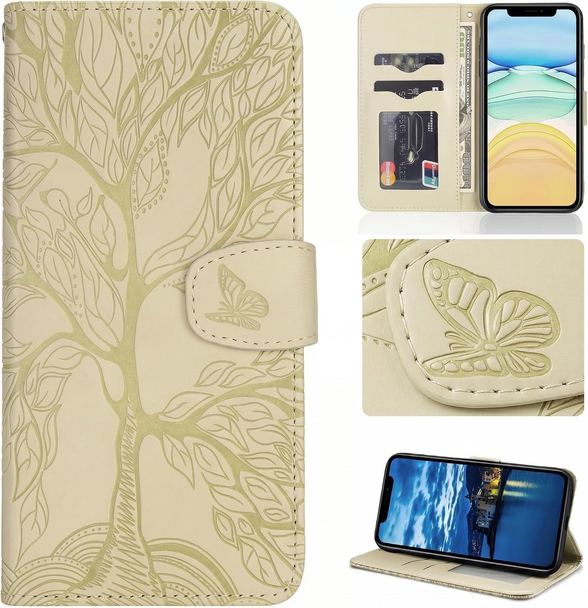 Beschermhoes voor iPhone 16e (2025)/17e (2026), levensboom en vlinder, PU-leer, klaphoes, portefeuille, beschermhoes met kaartsleuven, beige