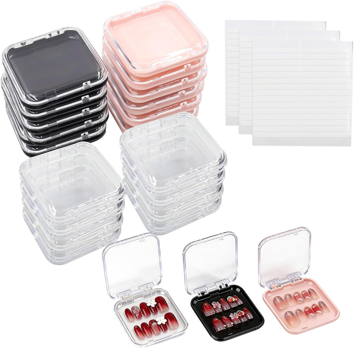 20 stuks Press-On Nail Opbergdoos Acryl Nail Cases Containers met 90 Stuks Zelfklevende Dubbelzijdige Tapes Clear Fake Nail Verpakking Doos voor Art Nail Business & Salon Supplies (Transparant & Roze