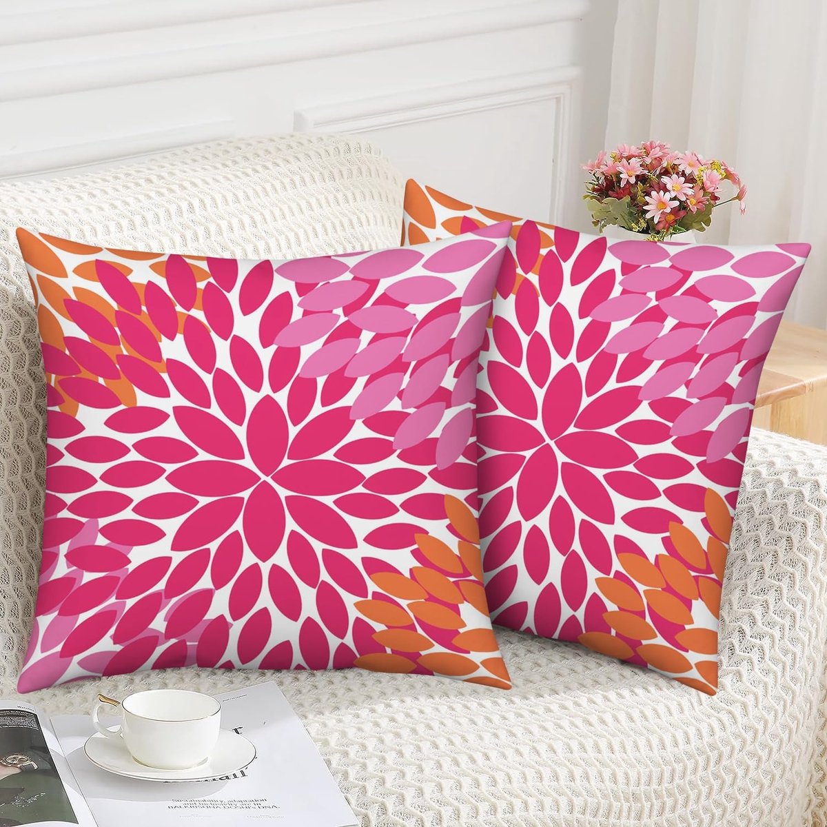 Roze, oranje, 50 x 50 cm, geometrisch bloemenpatroon, set van 2 met ritssluiting, rustieke woonkamerdecoratie voor woonkamer, slaapkamer, kussens, buiten