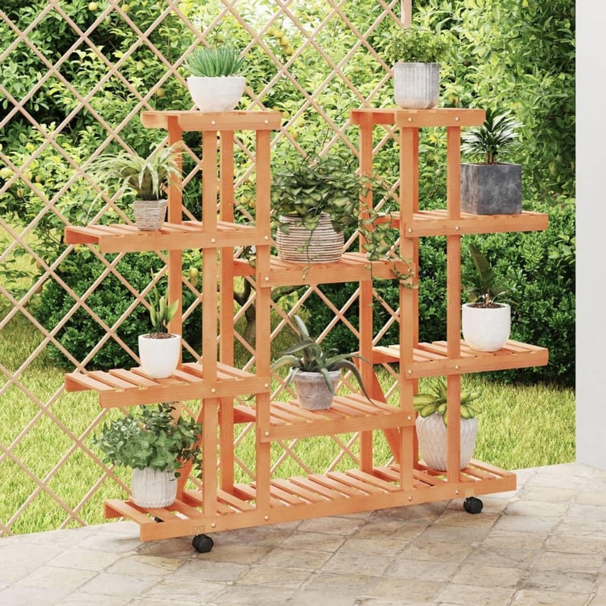 Bloemenstandaard met wielen, 110 x 25 x 115 cm, massief dennenhout