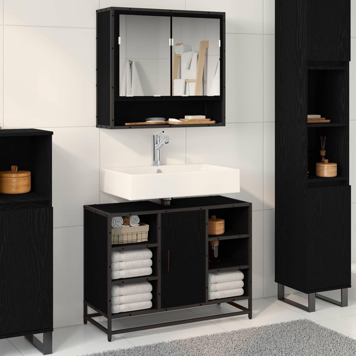 Badkamermeubelset, 2 stuks, zwart, eiken-look, houtmateriaal, wandmontage, spiegelkast, wastafelonderkast, moderne stijl, veel opbergruimte, vochtbestendig