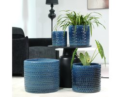 Handgemaakte keramische plantenbak set 4-delig - Lucht doorlatend - Vorstbestendig - Met drainagegaten - Glanzend donkerblauw met rond visgraat reliëf - Geschikt voor binnen, balkon en tuin