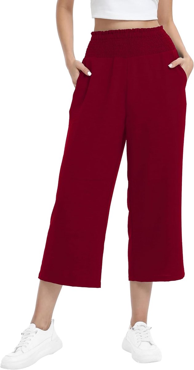 3/4 culotte broek elastische hoge taille zomerbroek | lichte driekwart capribroek met wijde pijpen en zakken