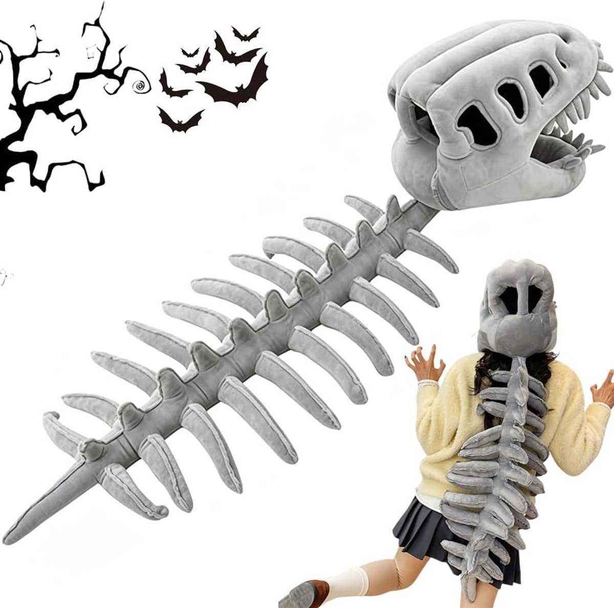 Pluche dino-outfit, dinosaurusskelet, pluche kostuum, 3D realistisch pluche dino-outfit, skelet, Halloween, dinosaurus, skelet, cosplay kostuum voor kinderen, volwassenen