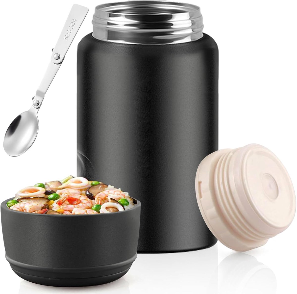 Thermocontainer voor eten, 750 ml, roestvrij staal, warmhoudcontainer met lepel, lekvrij en geïsoleerd, brede opening, mueslibeker to go voor volwassenen, ideaal voor werk, school, wandelen en