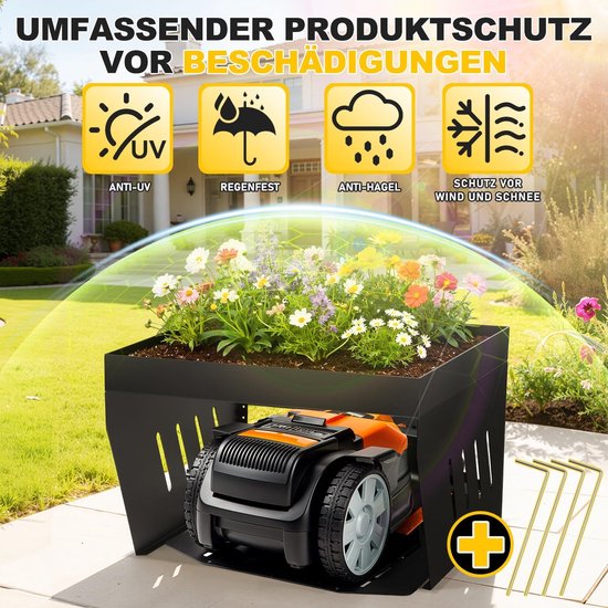 Garage voor robotmaaier, met plantenbak, verzinkte beschermoverkapping, carport, overkapping voor grasmaaier, grasmaaier, uv-bescherming, ideaal tegen regen en hagel, 42 x 61 x 70 cm, zwart — afbeelding 4