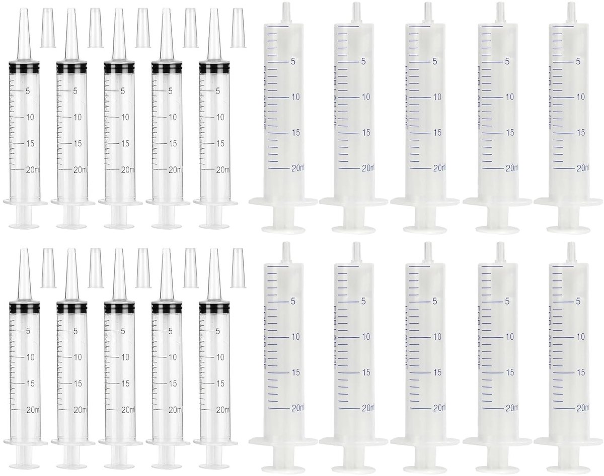 20 ml spuit zonder naald, 20 stuks plastic spuiten met afsluitdop, doseerspuit voor laboratoria, vloeistofmeting, plantenirrigatie en dierenvoeding
