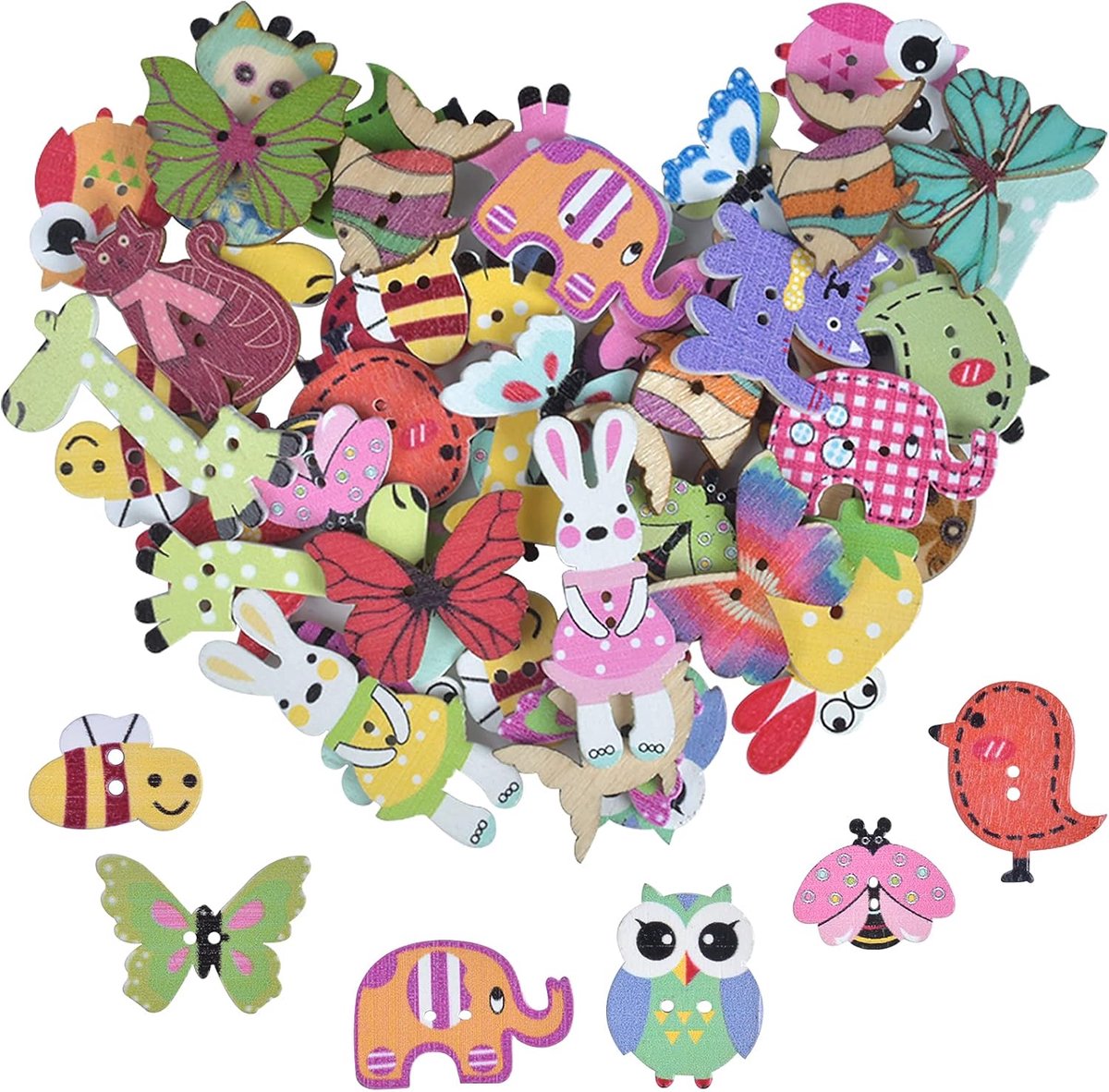 50 stuks houten knoppen, dierlijke vormige creatieve knop, nieuwigheid cartoon patroon knoppen gemengde kleuren naaien knoppen met 2 gaten, voor DIY handgemaakte kunst breien naaien decoratie (3mm splint)