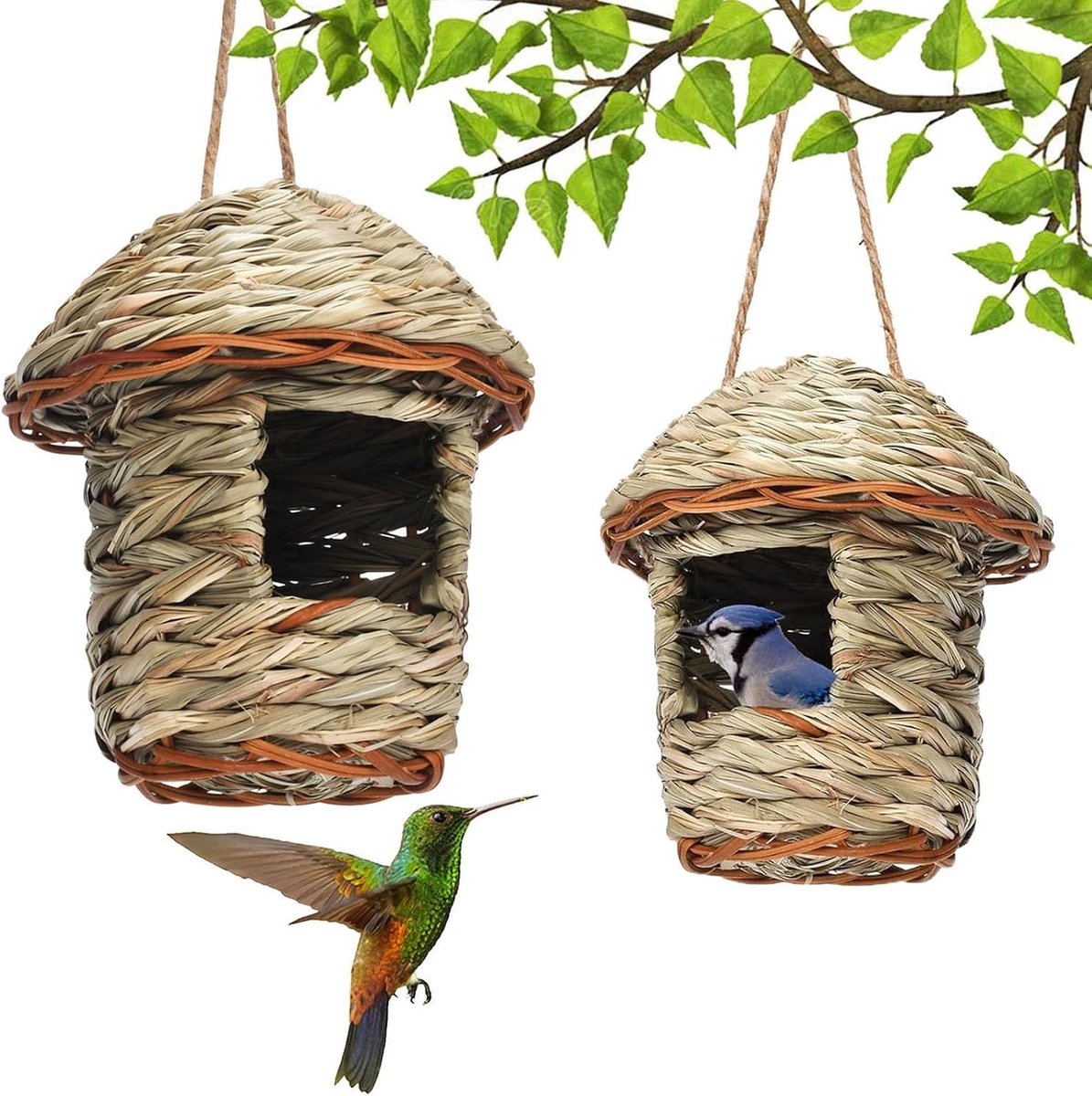 Vogelhuisje voor de tuin, hangend vogelhuisje voor kleine vogels, set van 2, duurzaam en weerbestendig