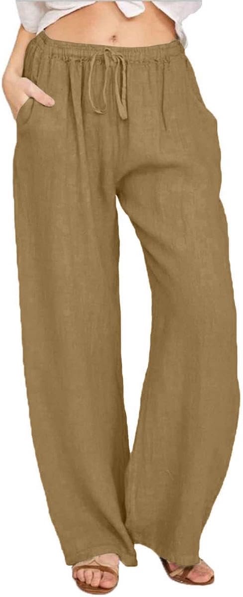 Zomerbroek voor dames, vrijetijdsbroek, lang, licht, katoen, linnen broek, casual, wijde broek, casual, zomer, strandbroek, effen, met trekkoord, losse stoffen broek, elegante linnen broek
