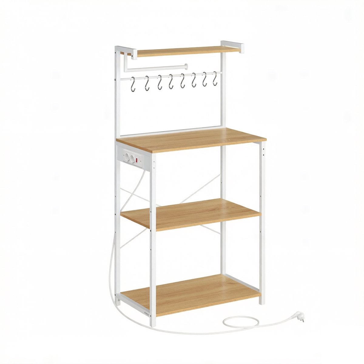 Keukenrek Met Stopcontact 40 x 60 x 140 cm, Magnetronrek Met 4 Niveaus, Ingebouwd Laadstation Met 2 Stopcontacten, Verstelbare Plank En Voeten, Met S-Haken En Papierrolhouder, Stalen Frame, Spaanplaat, Voor Keuken