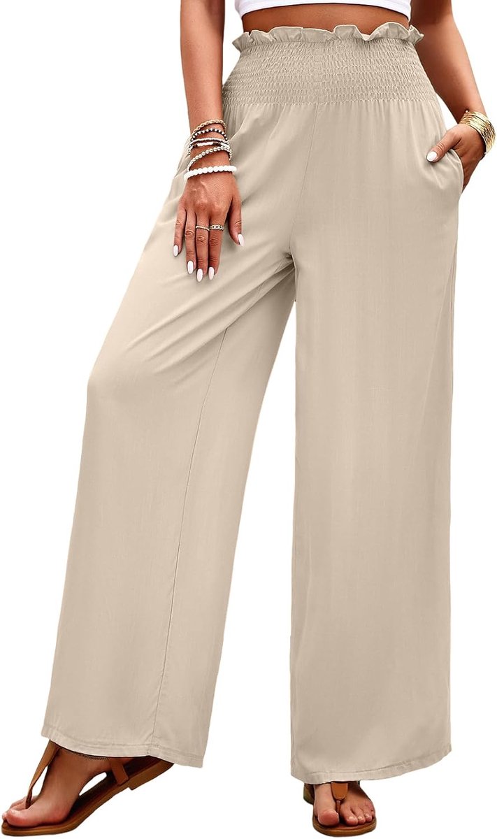 Zomerbroek voor dames, licht met zakken, effen, los, recht gesneden, palazzo broek, hoge taille, rekbaar, lounge, elegante damesbroek, chiffon, brede pijpen