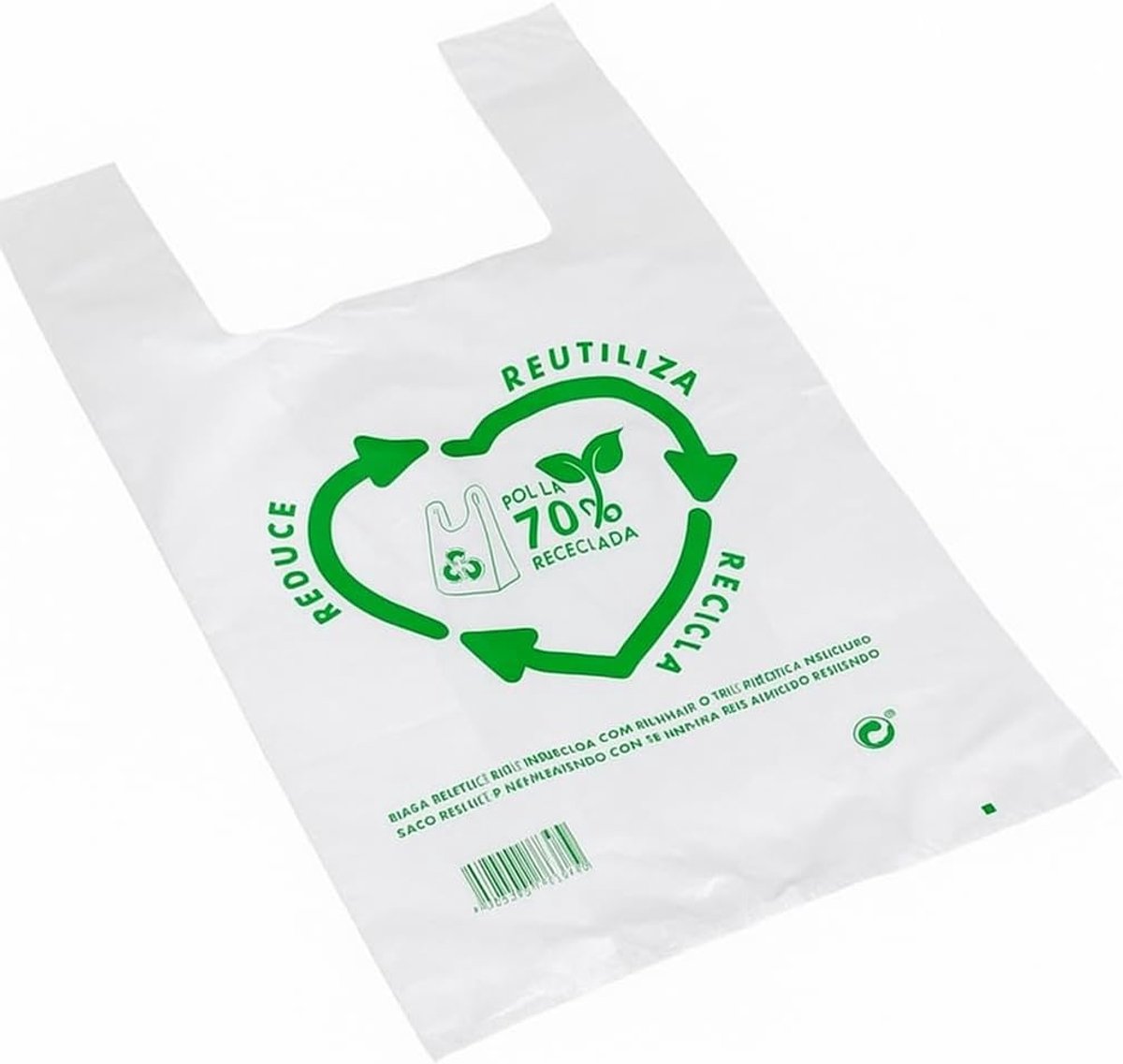 zakken met handgrepen van kunststof, T-shirt-zakken 50 micron, 70% gerecycled, Wit, plastic zakkens met handgrepen, pak van 50, hoge weerstand. (Wit, 35x50cms)