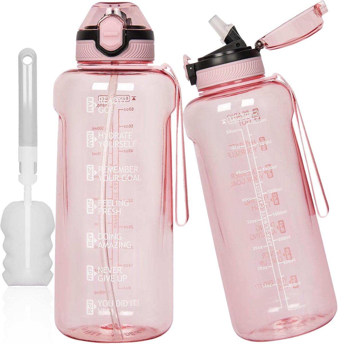 Drinkfles, 2 liter, met rietje en tijdmarkering, BPA-vrij, grote waterfles met tijd, motiverende sportfles voor fitness en gym