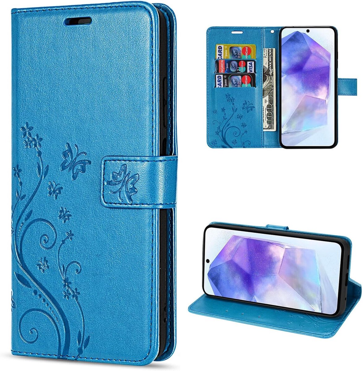betterfon Vouwhoes voor Samsung Galaxy A55 5G (blauw) - telefoonhoes met imitatieleer - beschermhoes met kaartsleuven - bloemendesign