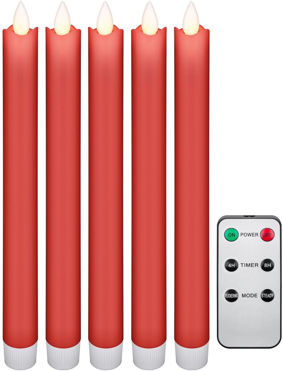 Goobay led-kaarsen van echte was 5 stuks rood met bewegende lont en afstandsbediening