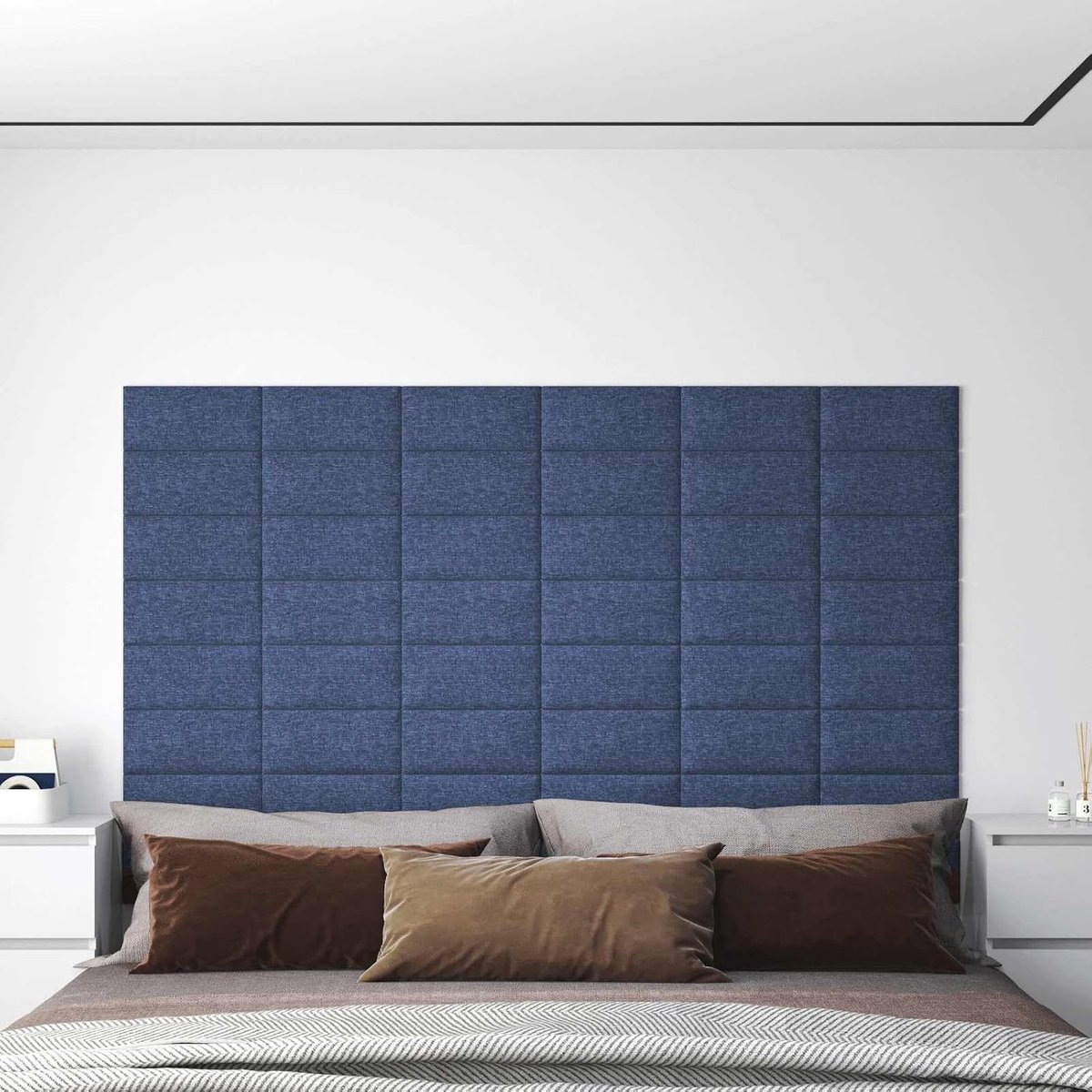 Set van 12, blauw, 30 x 15 cm, gevoerd wandpaneel voor slaapkamer, moderne wandbekleding, stoffen wandkussen voor wandmontage