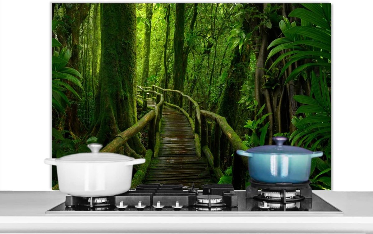 Spatscherm Keuken - 100x65 cm - Jungle - Brug - Mos - Natuur - Tropisch