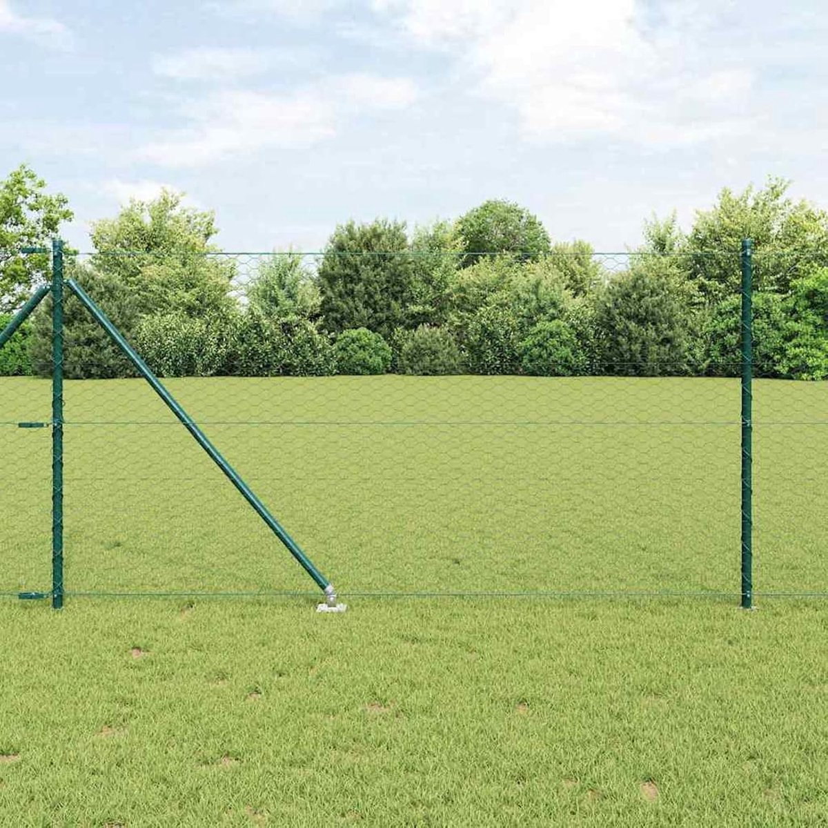 Hexagon omheining, groen, 1 x 10 m, staal, hekpalen met punt, 7 stuks, Ø 32 mm, 120 cm, verzinkt staal, zeshoekig vlechtwerk, veldhek voor kippenhok, konijnenhok, wilde bescherming