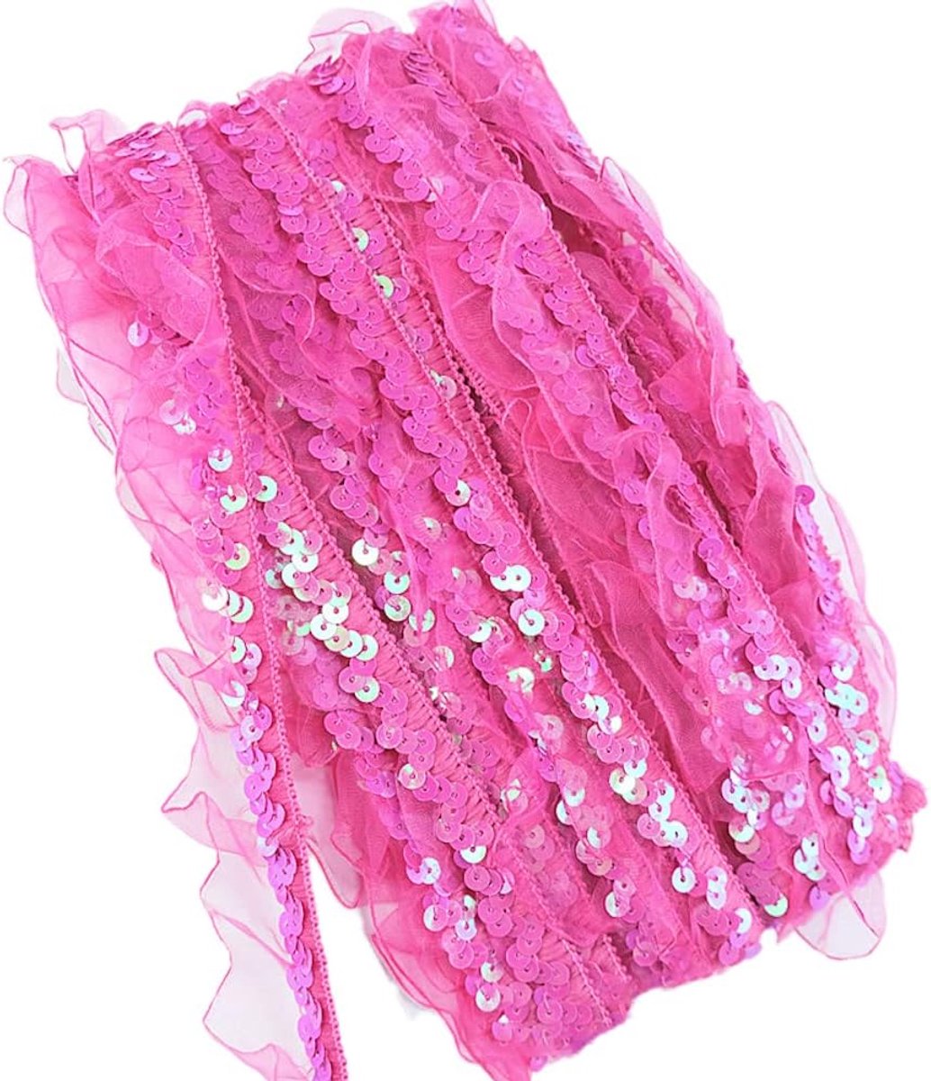 12 m, 25-30 mm, vintage glitterpailletten, organza, ruches, boorden, kantband, paillettenband, kanten rand, decoratieband, sierband, pailletten, linten, plisséboorden voor doe-het-zelf naaien, bruiloft, kostuums, decoratie, rozenrood