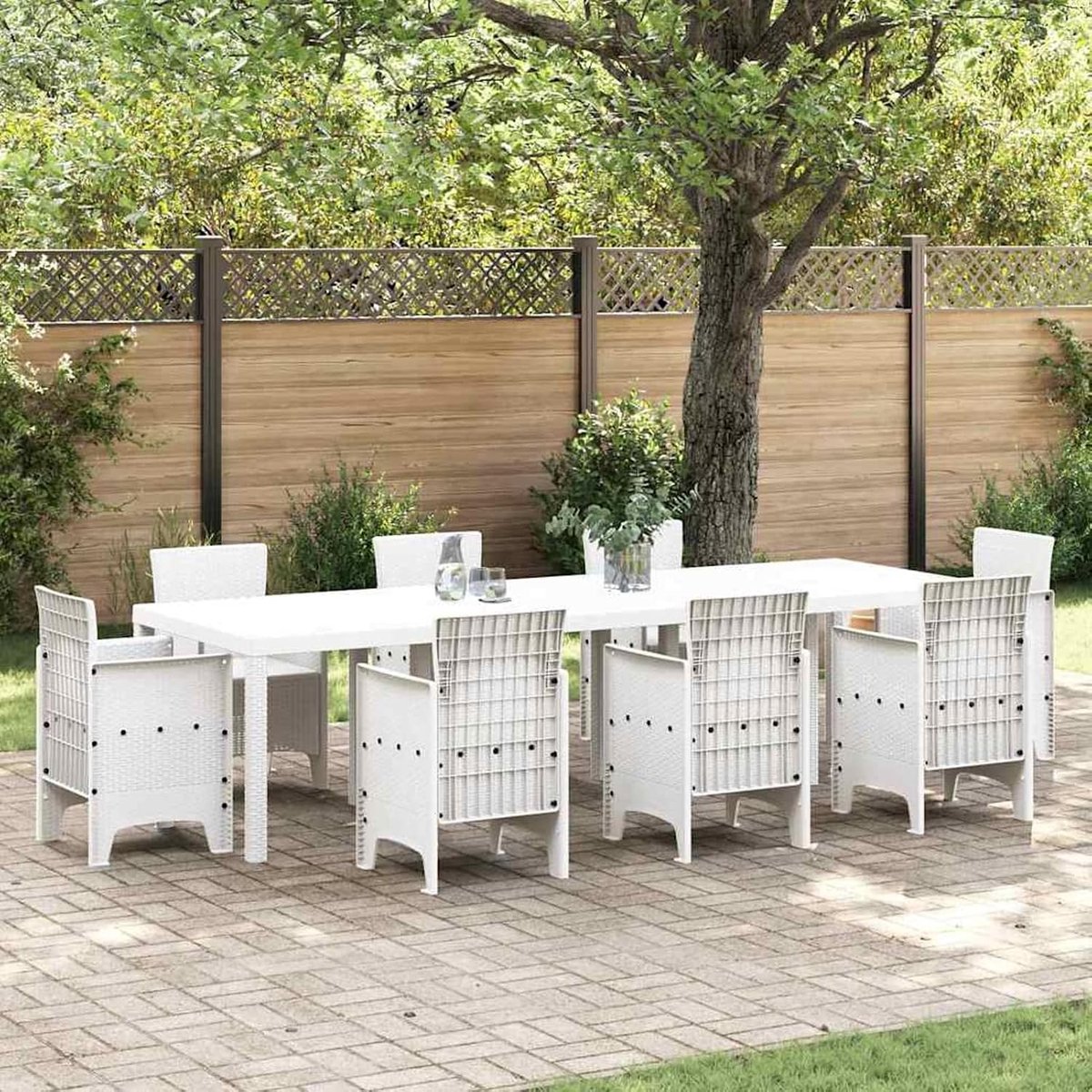 Tuintafel, wit, 300 x 100 x 73 cm, polyrotan, tuintafel, wit, 150 x 100 x 73 cm, polyrotan bijzettafel, koffietafel voor tuin, terras, balkon, zwembad