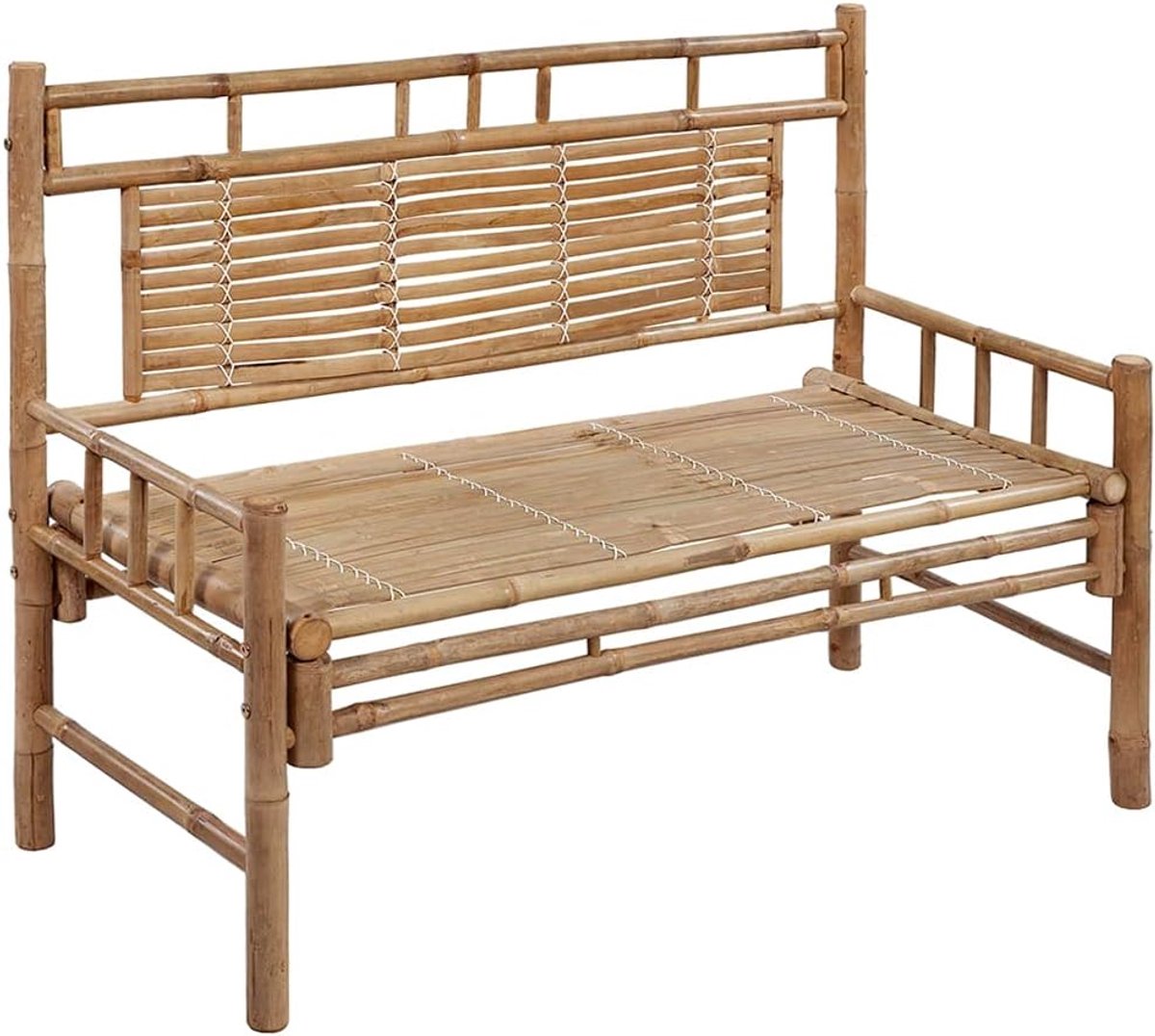 Tuinbank van bamboe met rugleuning en kussen, 120 cm, waterdichte outdoorbank voor terras, duurzame bamboe zitting met polyester kussen