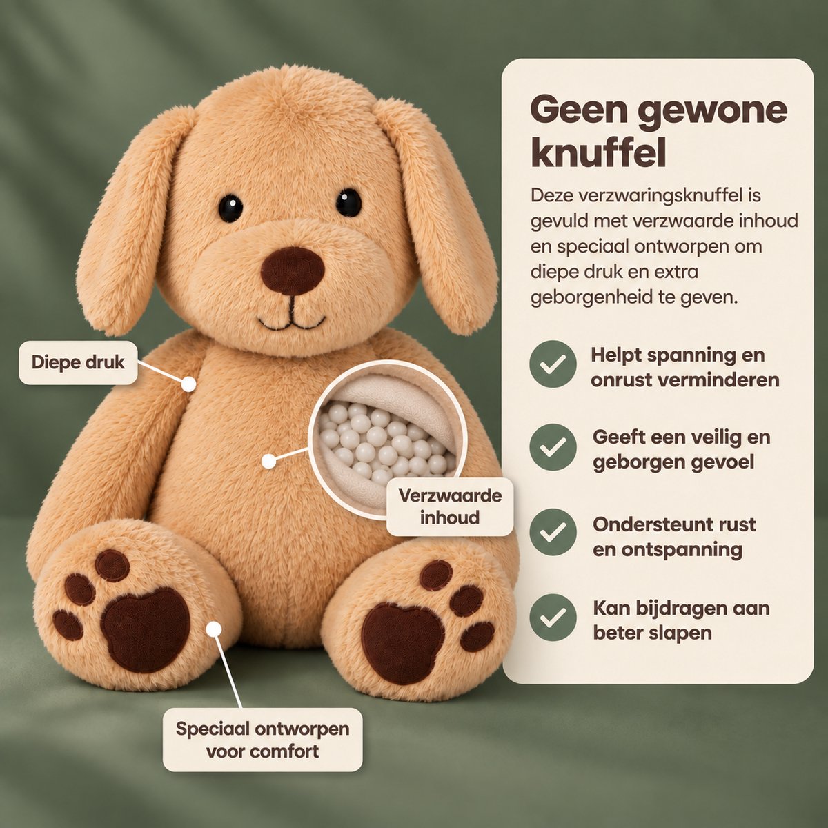 Calming Paws® Verzwaringsknuffel Volwassenen - Hond 60 cm / 3,6 kg - Verzwaarde Knuffel - Zware Knuffel - Slaapknuffel — afbeelding 11