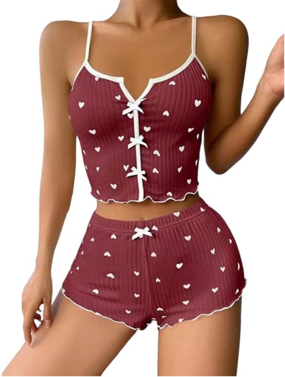 Shorts, set zomer, mouwloos, tanktop en shorts, zachte katoenen pyjamasets met hartprint, elegante crop top, nachtkleding met trekkoord, hemdje, loungewear, nachtkleding