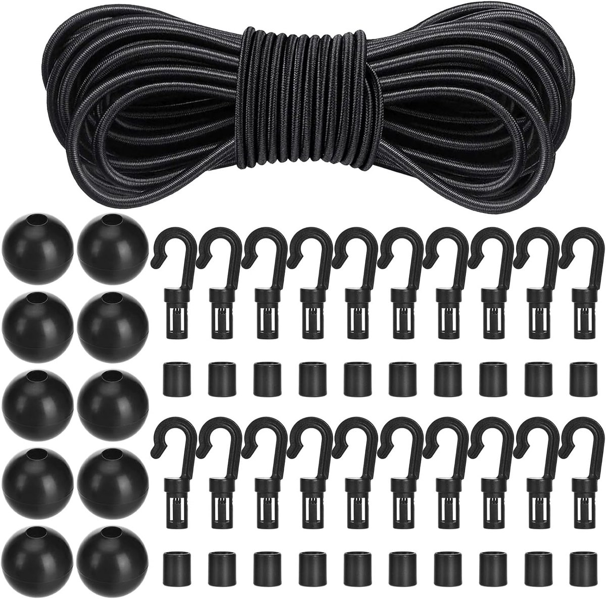 12 m rubberen touw 4 mm uitbreidingskabel met 50 stuks kunststof karabijnhaken uiteinde en kabelbalstoppers, elastisch, rubberen koord voor aanhangerzeil, camping, dekzeilen, zwembadafdekking