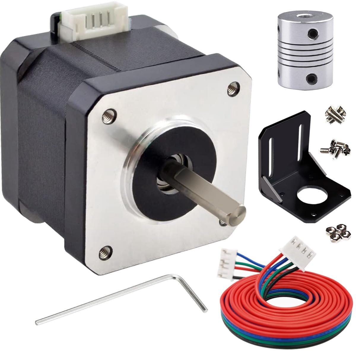 17 stappenmotor, 42 × 38 mm, DC 12 V, 3D-printer, stappenmotor 1,8°, met 1 m 2-fase-4-pins draadkabel, houder, koppeling, voor Creality CR-10 10S Ender 3 3D-printer/CNC-extruder