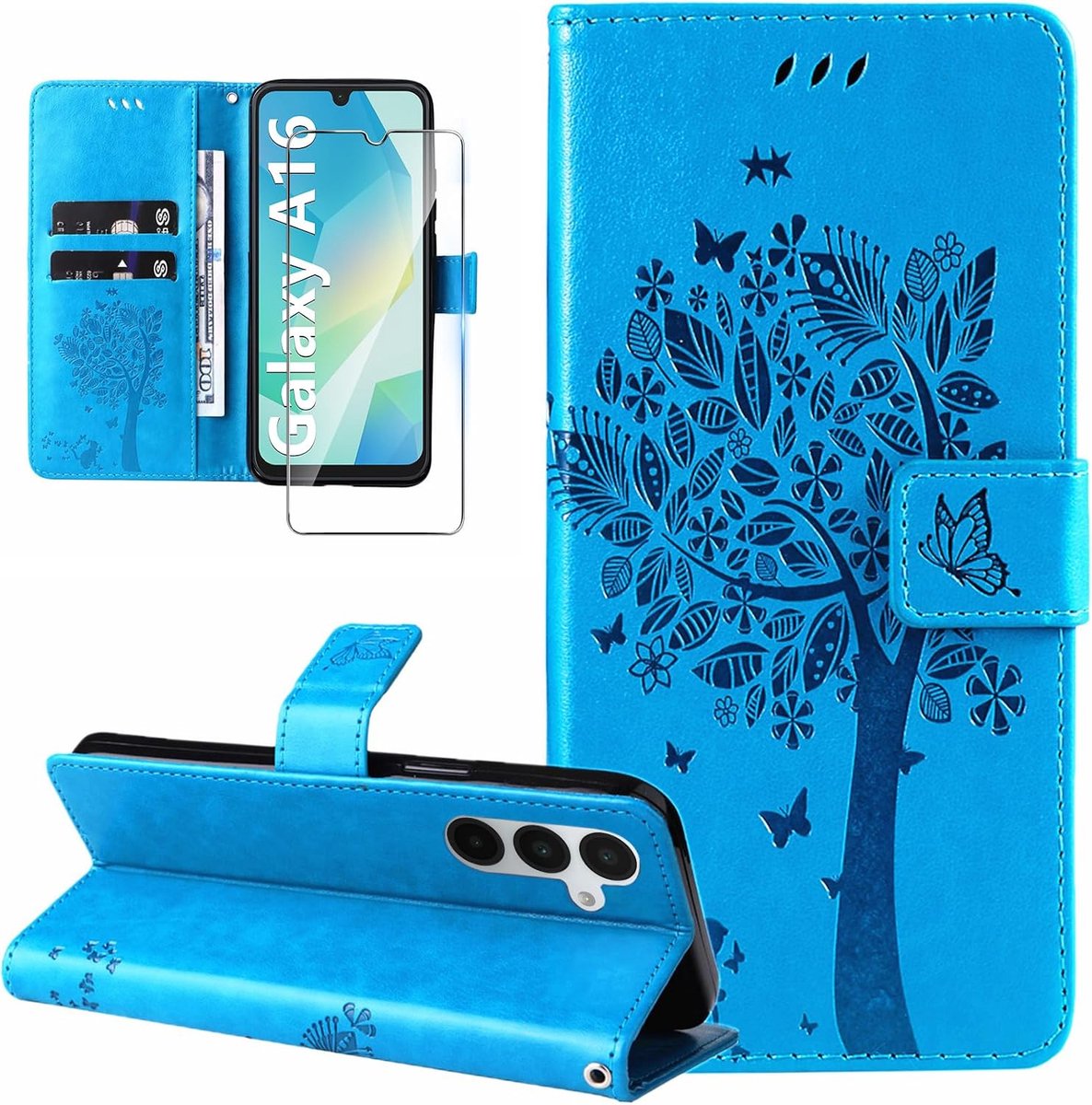 Hoes voor Samsung Galaxy A16 4G/5G, met beschermfolie, kaartvak, motief, patroon, hoes van leer, inklapbaar, klaphoes, cover, flipcase, telefoonhoes, beschermhoes voor Samsung A16 4G/5G - Blauw