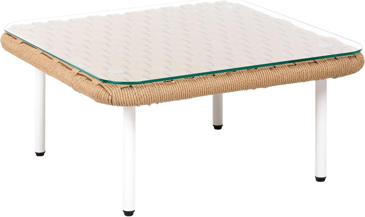 Salontafel PE rotan metaal staal glas tuin terras lichtbeige Baucina