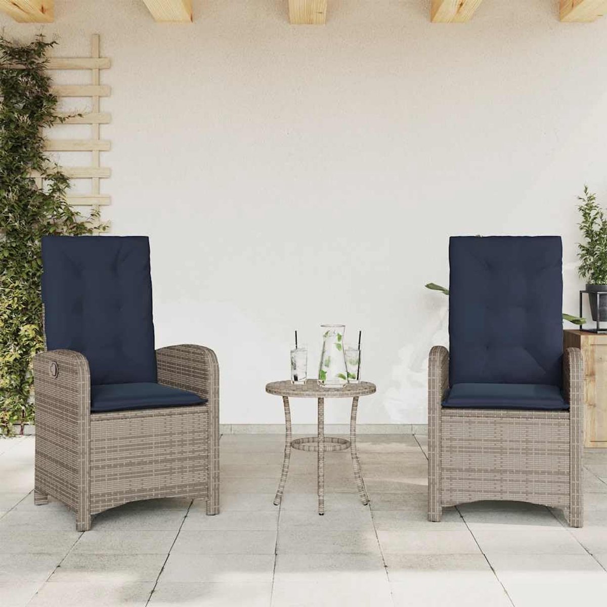 2 stuks opvouwbare tuinstoelen met kussens, polyrotan grijs, verstelbare rugleuning, stalen frame