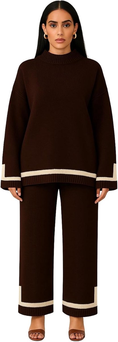 Sets voor vrouwen, UK gebreide streep lange mouwen ronde hals trui met elastische taille wijde pijpen dames trainingspak, comfortabele sets voor vrouwen