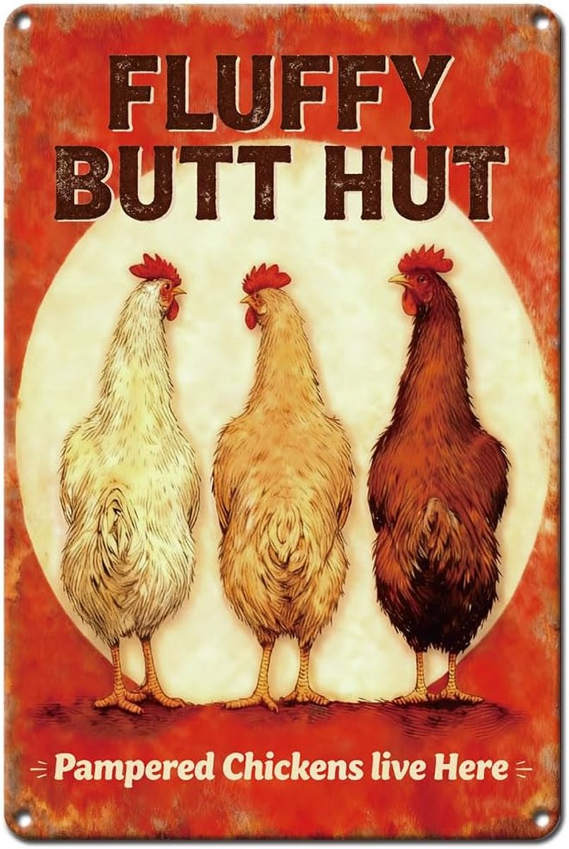Bord Kleurrijke Kippen Grappige Muurkunst Decoratie Fluffy Butt Hoed Leuke Deurplaat Bord voor Boerderij Tuin Park 20 x 30 cm 1 Stuk Dierontwerp Warme Harige Stijl